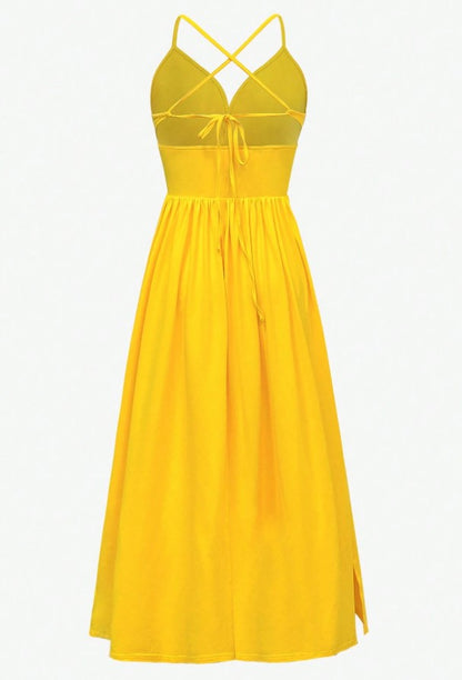 Sexy Yellow Spaghetti Straps Satin A-Line Sleeveless Party Dresses with Slits ED02167