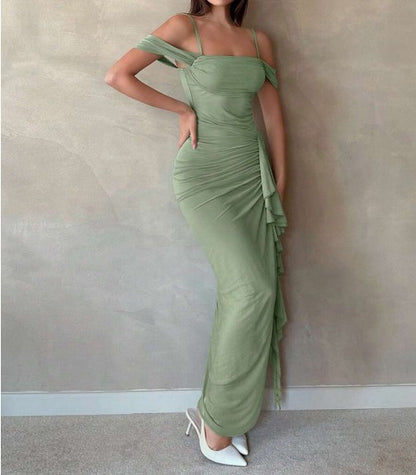 Chic Sage Green Spaghetti Strap Sheath Chiffon Ruffles Evening Dress ED02168