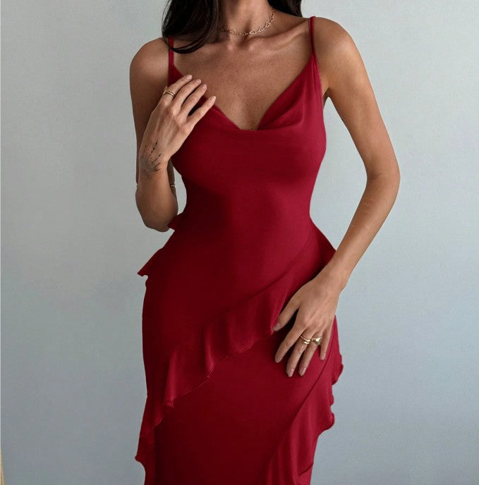 Classic Red Spaghetti Straps Mermaid Party Dress Chiffon Ruffle Evening Dress ED02173