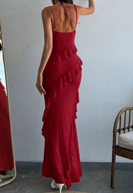 Classic Red Spaghetti Straps Mermaid Party Dress Chiffon Ruffle Evening Dress ED02173