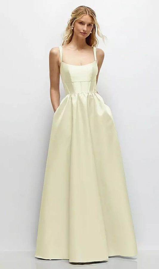 Fashion Dress💛Butter Yellow A-Line Spaghetti Straps Satin Scoop Neck Backless Party Dress ED02174