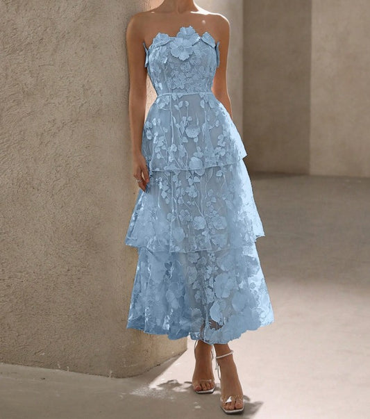 Robe de mariée trapèze vintage en tulle bleu sans bretelles, brodée d'appliques, élégante robe de demoiselle d'honneur ED02182