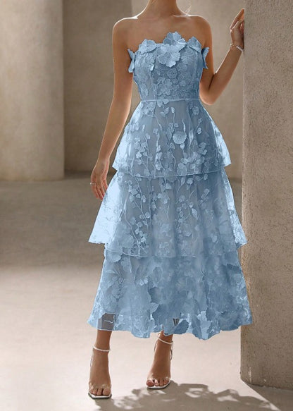 Robe de mariée trapèze vintage en tulle bleu sans bretelles, brodée d'appliques, élégante robe de demoiselle d'honneur ED02182