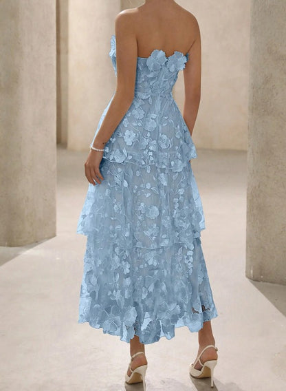 Robe de mariée trapèze vintage en tulle bleu sans bretelles, brodée d'appliques, élégante robe de demoiselle d'honneur ED02182