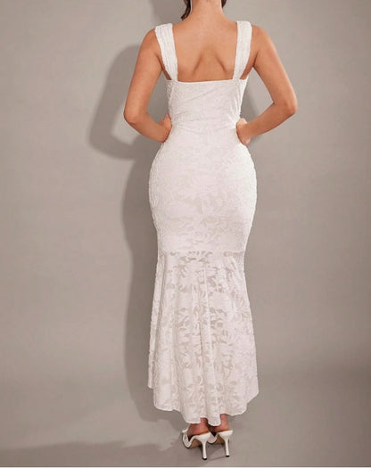 Robe de demoiselle d'honneur sirène élégante en mousseline de soie jacquard blanche, robe de soirée tendance ED02184