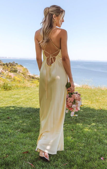 Buttergelbes Spaghettiträger-Modekleid, rückenfreies Satin-Abendkleid für Brautjungfern ED02185