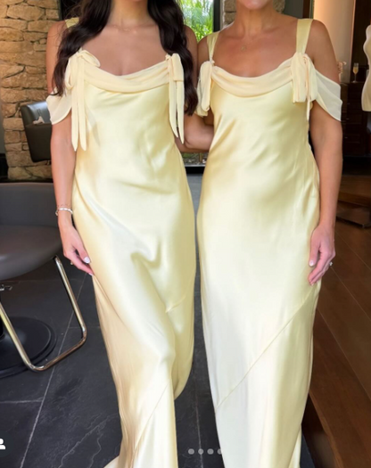 Elegant Off-the-shoulder Satin Sheath Formal Dresses Butter Yellow Evening Gowns ED02186
