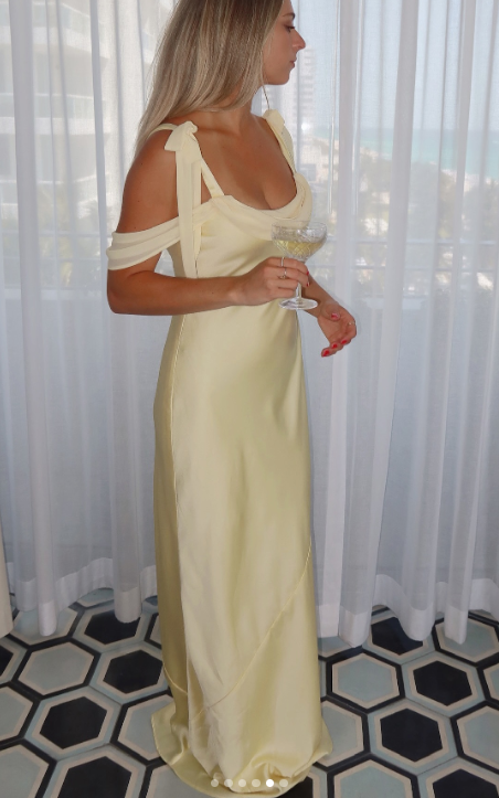 Elegant Off-the-shoulder Satin Sheath Formal Dresses Butter Yellow Evening Gowns ED02186