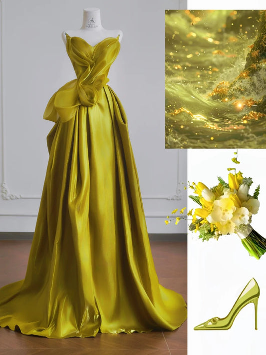 Robe de mariée trapèze en satin jaune chic, décolleté en cœur, superbe robe de soirée formelle ED02189