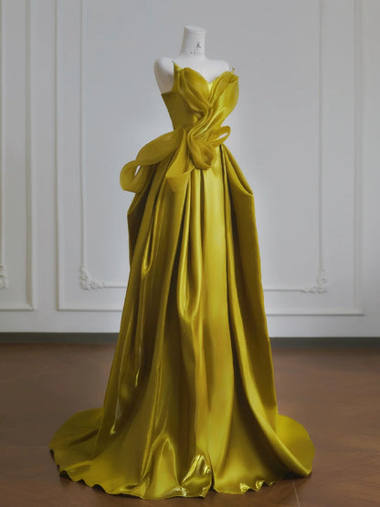 Robe de mariée trapèze en satin jaune chic, décolleté en cœur, superbe robe de soirée formelle ED02189