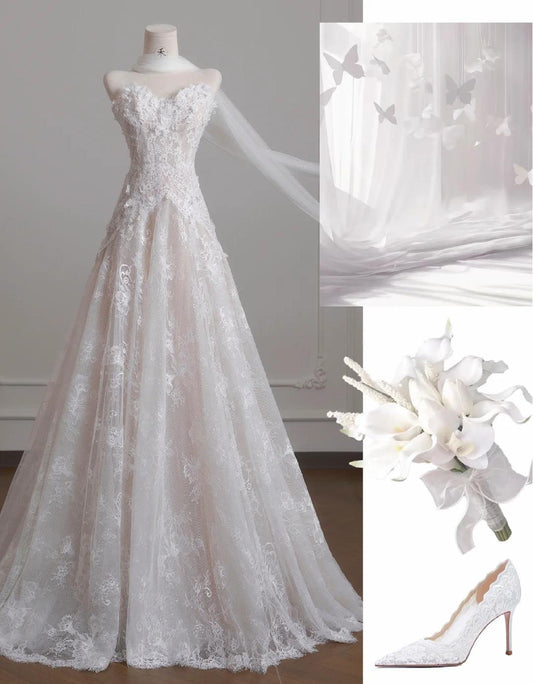 Robe de mariée blanche bustier en tulle et dentelle vintage, superbe robe de bal trapèze longue ED02191
