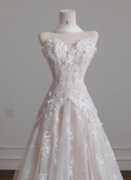 Robe de mariée blanche bustier en tulle et dentelle vintage, superbe robe de bal trapèze longue ED02191