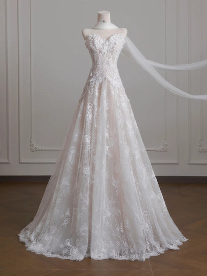 Robe de mariée blanche bustier en tulle et dentelle vintage, superbe robe de bal trapèze longue ED02191