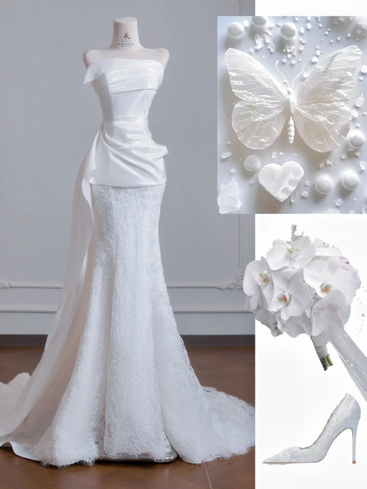 Robe de mariée sirène blanche bustier en satin et dentelle, élégante robe de bal longue ED02192