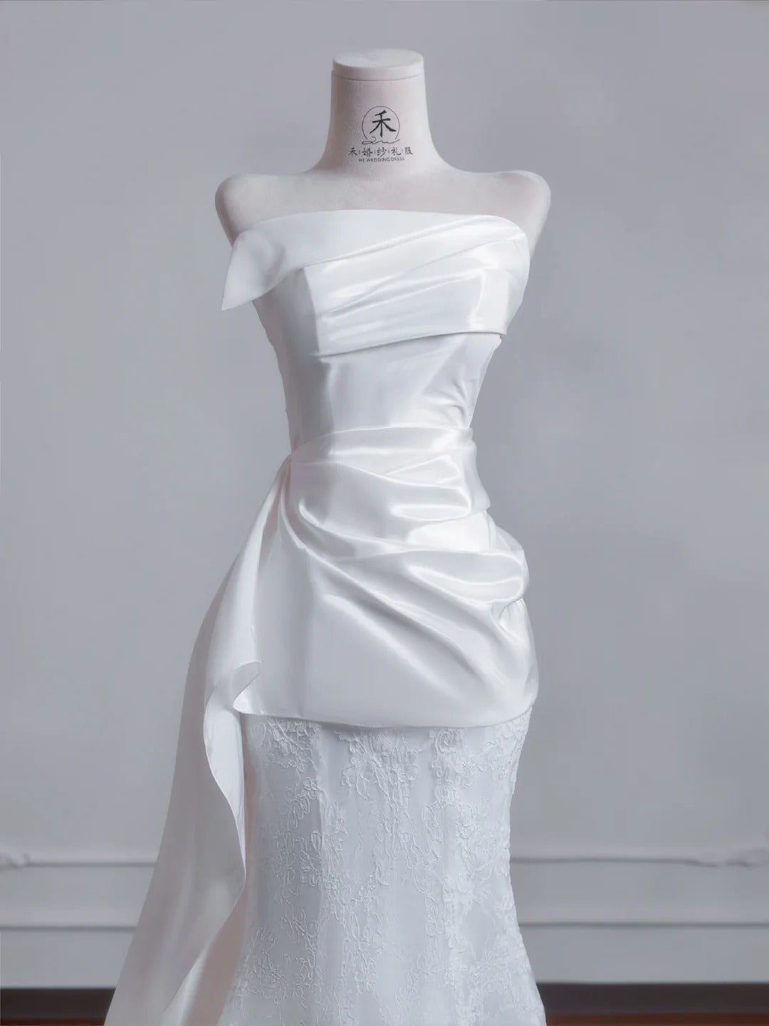 White Strapless Satin Lace Mermaid Train Wedding Dress,Elegant Long Prom Dresses ED02192