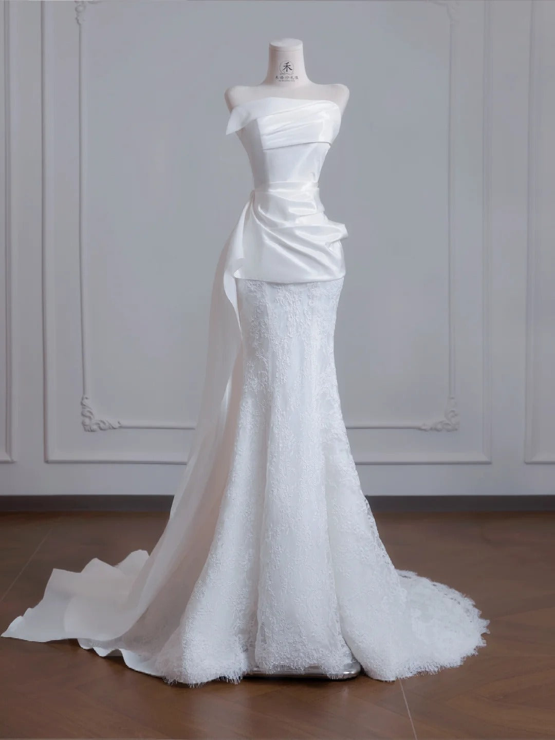 White Strapless Satin Lace Mermaid Train Wedding Dress,Elegant Long Prom Dresses ED02192