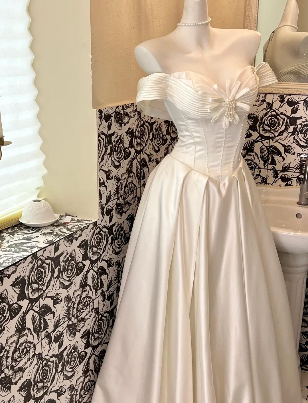 Pearl White Off Shoulder A-Line Satin Vintage Wedding Dress, Sweet Long Prom Dresses ED02193