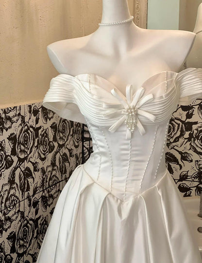 Pearl White Off Shoulder A-Line Satin Vintage Wedding Dress, Sweet Long Prom Dresses ED02193