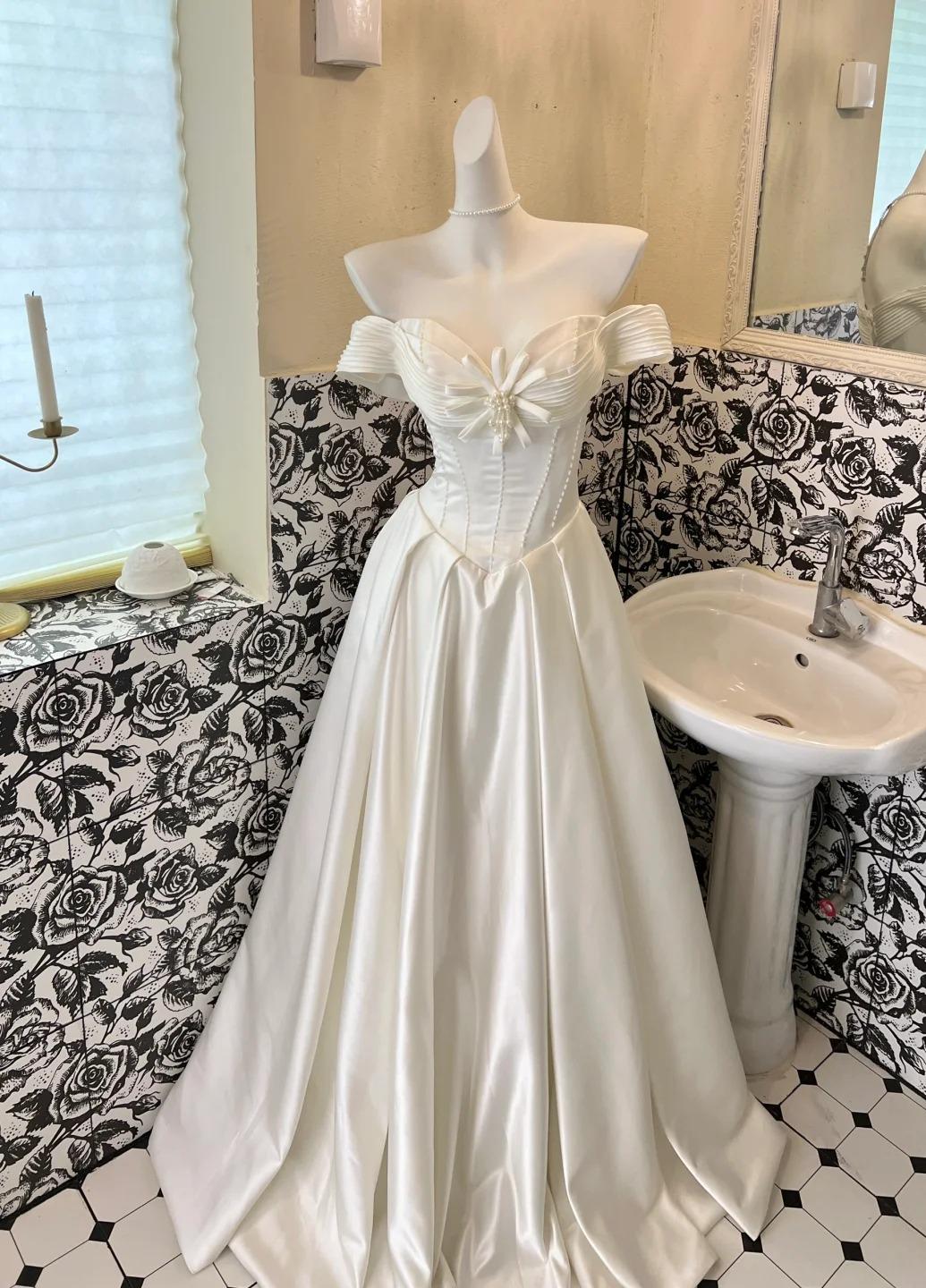 Pearl White Off Shoulder A-Line Satin Vintage Wedding Dress, Sweet Long Prom Dresses ED02193