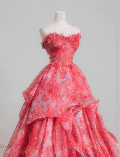 Superbe robe de mariée rouge trapèze sans bretelles en tulle imprimé, robe de bal longue et élégante ED02195