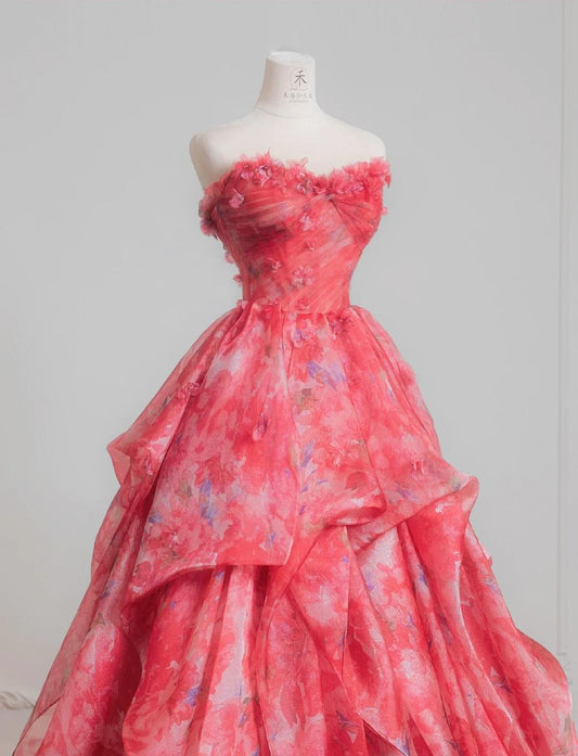 Gorgeous Red A-Line Strapless Printed Tulle Wedding Dress Sweet Long Prom Dresses