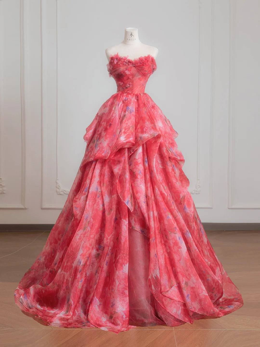 Superbe robe de mariée rouge trapèze sans bretelles en tulle imprimé, robe de bal longue et élégante ED02195