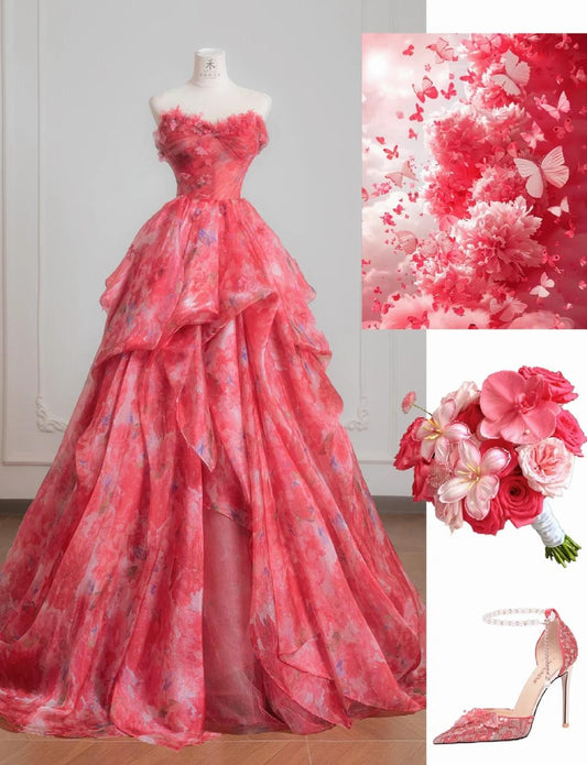 Superbe robe de mariée rouge trapèze sans bretelles en tulle imprimé, robe de bal longue et élégante ED02195