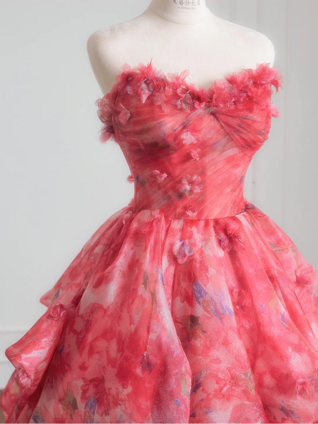 Superbe robe de mariée rouge trapèze sans bretelles en tulle imprimé, robe de bal longue et élégante ED02195