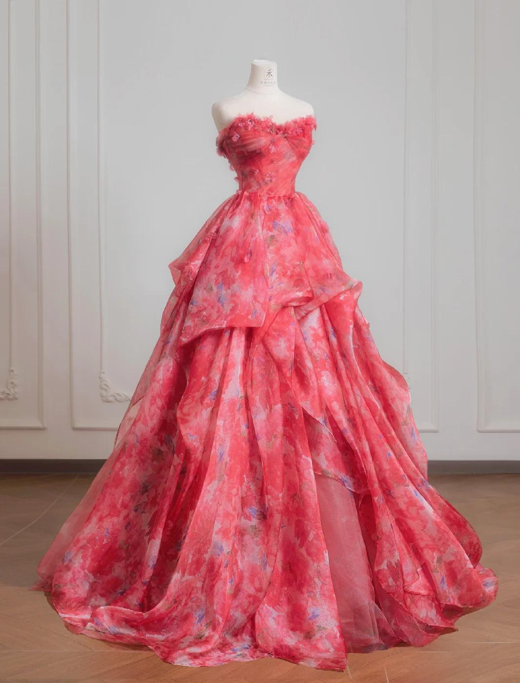 Superbe robe de mariée rouge trapèze sans bretelles en tulle imprimé, robe de bal longue et élégante ED02195
