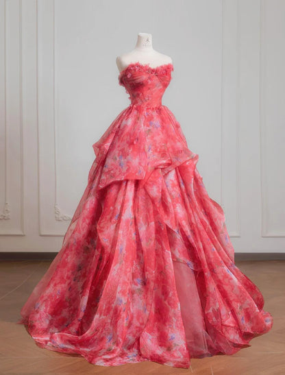 Superbe robe de mariée rouge trapèze sans bretelles en tulle imprimé, robe de bal longue et élégante ED02195