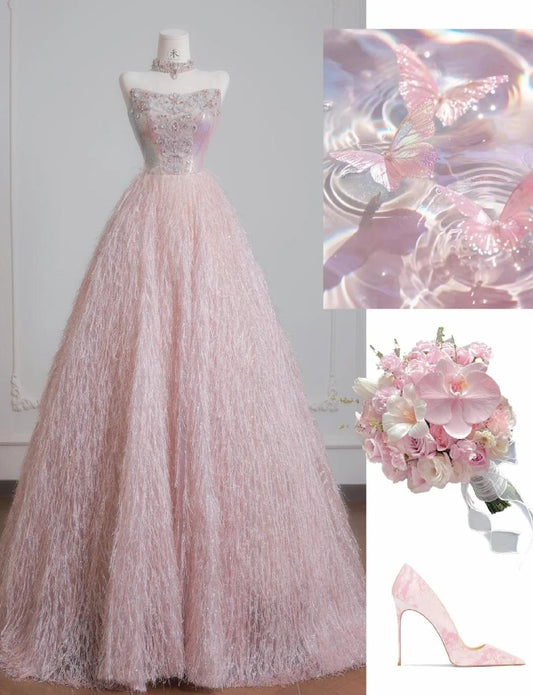 Robe de mariée bustier rose en tulle perlé, robe de bal longue coupe trapèze ED02197