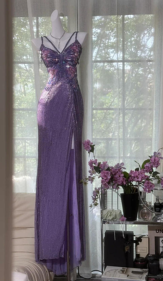 Vintage Purple Chiffon Beaded Sheath Elegant Backless Prom Dresses with Slits ED02201
