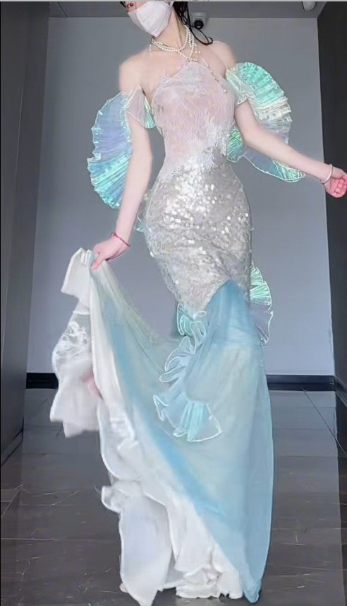 Gorgeous Ice Blue Mermaid Tulle Mask Prom Dresses Sparkling Sequin Evening Gowns ED02202