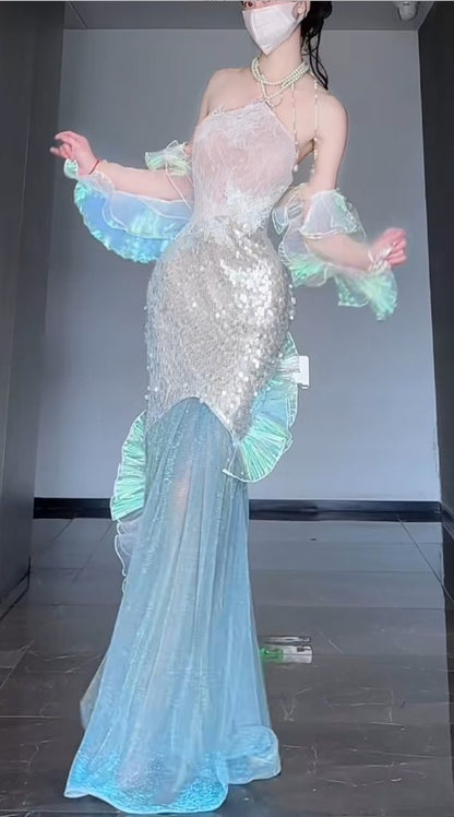 Gorgeous Ice Blue Mermaid Tulle Mask Prom Dresses Sparkling Sequin Evening Gowns ED02202