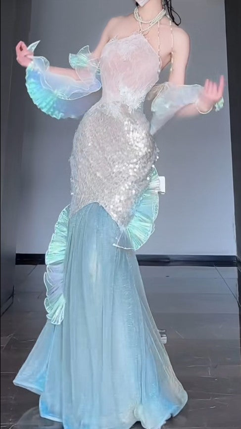 Gorgeous Ice Blue Mermaid Tulle Mask Prom Dresses Sparkling Sequin Evening Gowns ED02202