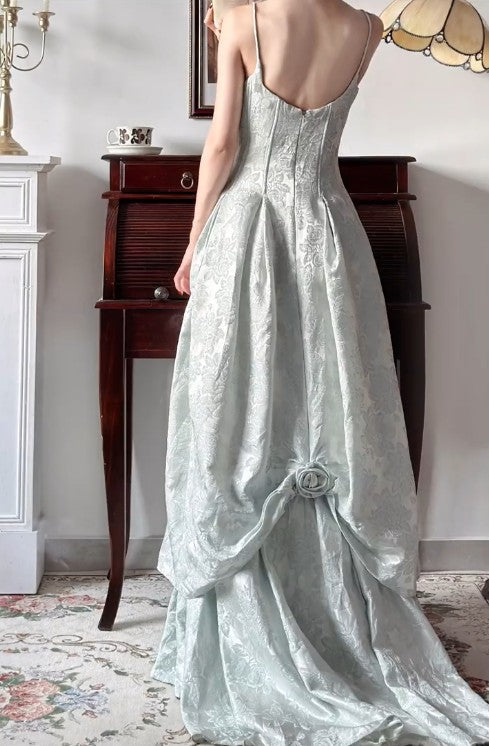Vintage Spaghettiträger Jacquard Satin A-Linie Lange Ballkleider Süße rückenfreie Abendkleider ED02203