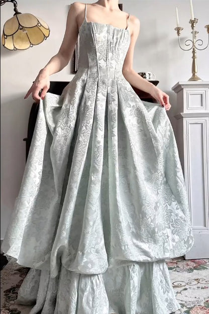 Vintage Spaghettiträger Jacquard Satin A-Linie Lange Ballkleider Süße rückenfreie Abendkleider ED02203