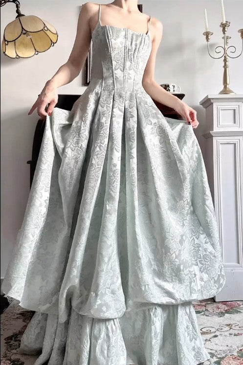 Vintage Spaghettiträger Jacquard Satin A-Linie Lange Ballkleider Süße rückenfreie Abendkleider ED02203