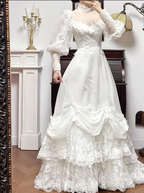Jolie robe de mariée blanche trapèze à manches longues en tulle et dentelle avec traîne appliquée, style vintage, ED02205