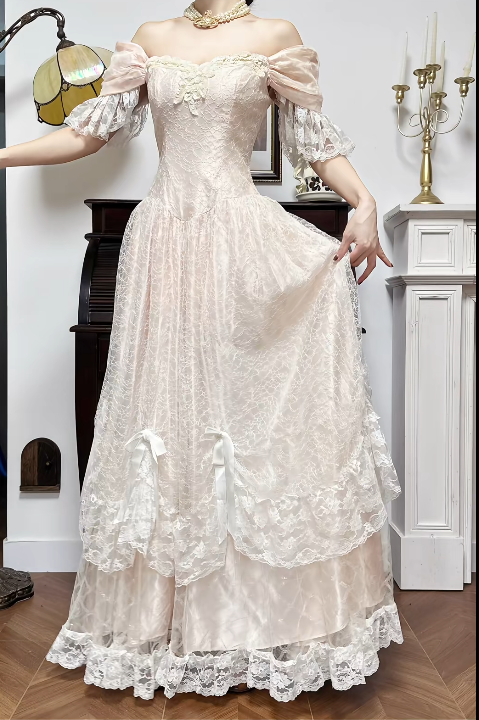 Sweet Light Champagne Off-the-shoulder A-Line Princess Prom Dresses Chiffon Lace Vintage Wedding Dress ED02208