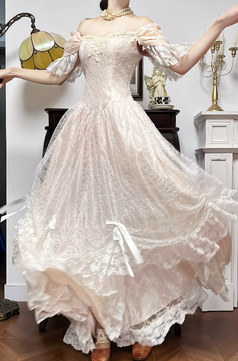 Sweet Light Champagne Off-the-shoulder A-Line Princess Prom Dresses Chiffon Lace Vintage Wedding Dress ED02208