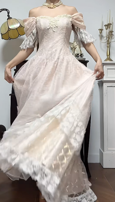 Sweet Light Champagne Off-the-shoulder A-Line Princess Prom Dresses Chiffon Lace Vintage Wedding Dress ED02208