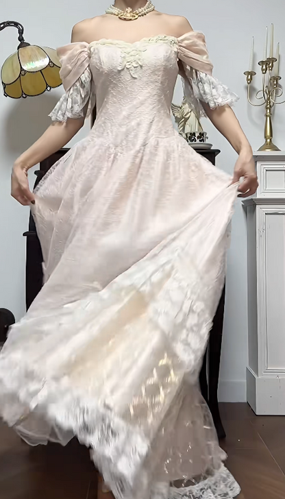 Sweet Light Champagne Off-the-shoulder A-Line Princess Prom Dresses Chiffon Lace Vintage Wedding Dress ED02208