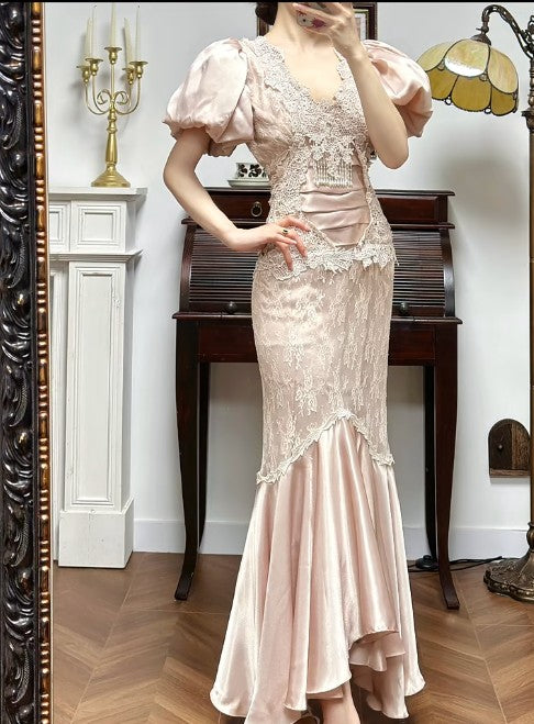 Fairytale Satin Lace Mermaid V-neck Prom Dresses, Beautiful Vintage Ev EvaFashionDress Fairytale Satin Lace Mermaid V-neck Prom Dresses, Beautiful Vintage Ev EvaFashionDress