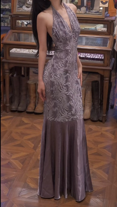 Gray Purple V-neck Mermaid Jacquard Satin Fashion Dresses Elegant Backless Prom Dresses ED02215