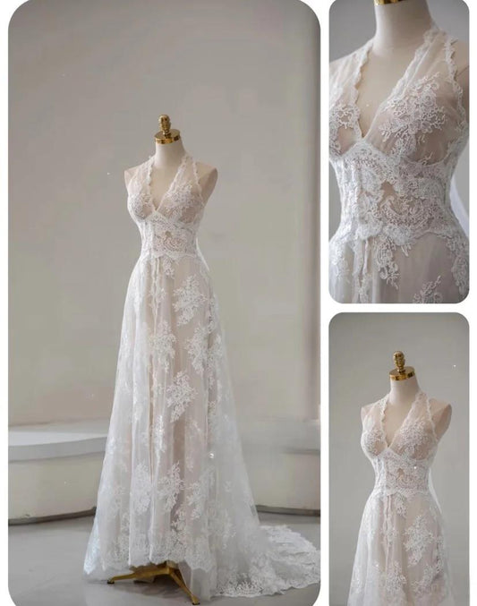 Robe de mariée trapèze vintage élégante en dentelle blanche avec appliques et perles ED02216