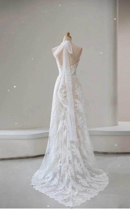 Robe de mariée trapèze vintage élégante en dentelle blanche avec appliques et perles ED02216