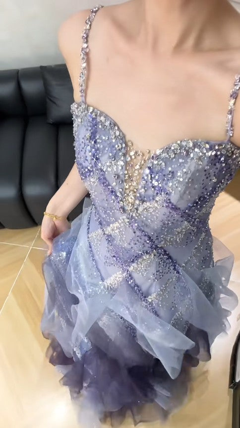 Fairytale Spaghetti Straps Sequins Tulle A-Line Long Prom Dresses Sweet 16 Evening Gowns ED02222