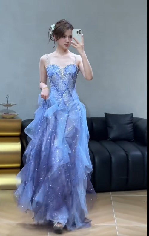 Fairytale Spaghetti Straps Sequins Tulle A-Line Long Prom Dresses Sweet 16 Evening Gowns ED02222