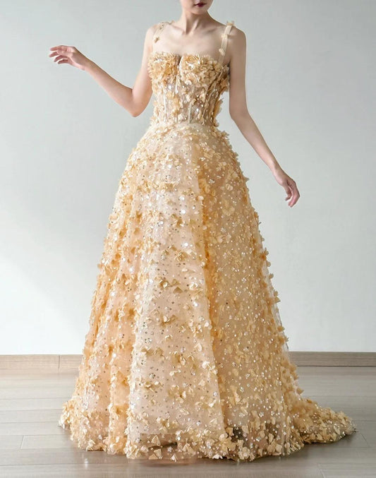 Robe de mariée trapèze jaune à bretelles spaghetti, en tulle et perles, style conte de fées, longue, ED02227